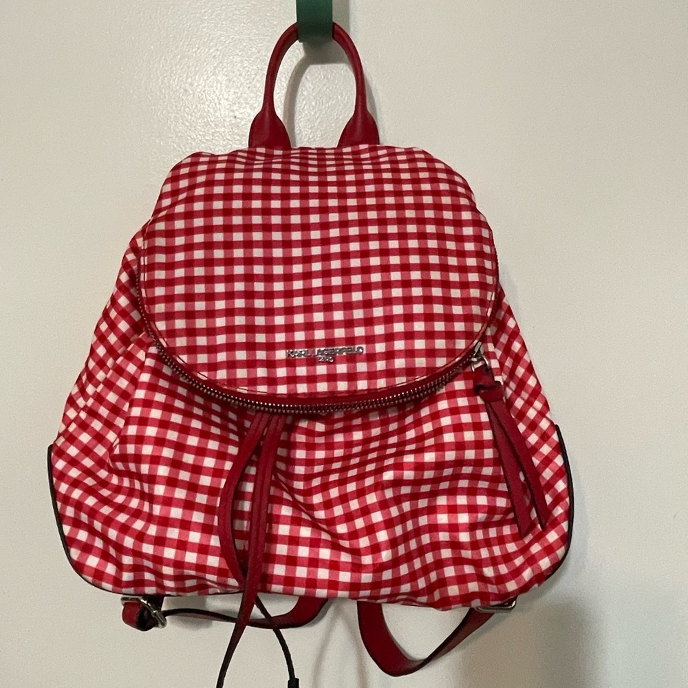 Karl Lagerfeld Paris red pink white gingham check Cinch close Backpack 15” x 11”